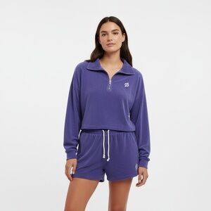 Peloton Loungewear Set top large shorts med Purple Velour Quarter Zip Shorts